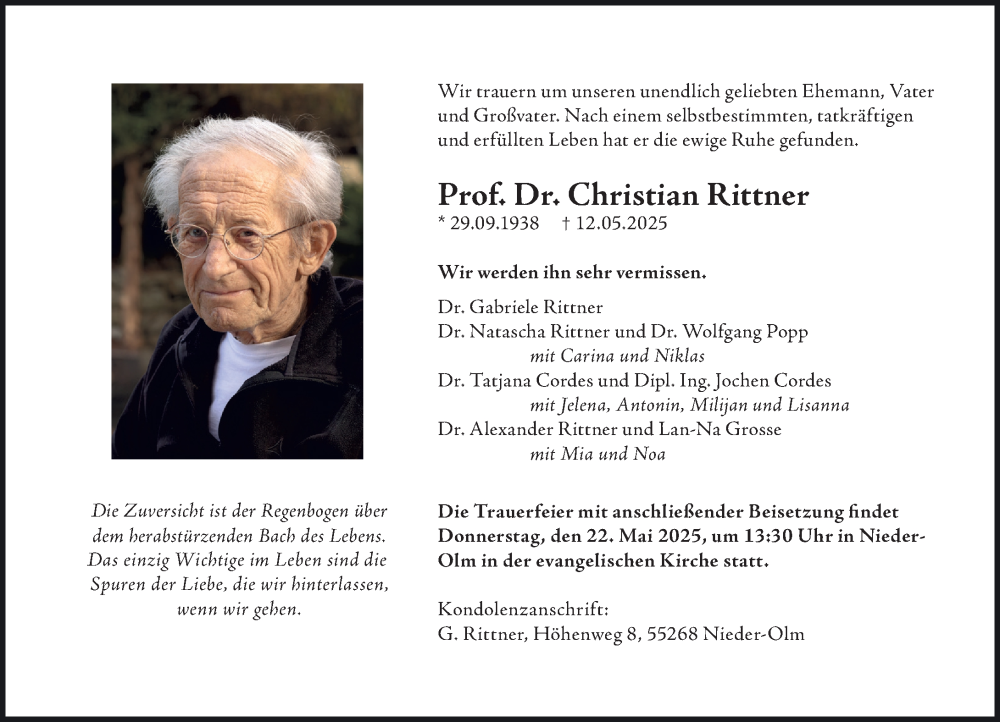  Traueranzeige für Christian Rittner vom 17.05.2025 aus Allgemeine Zeitung Mainz