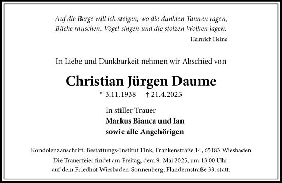 Traueranzeige von Christian Jürgen Daume von Wiesbadener Kurier