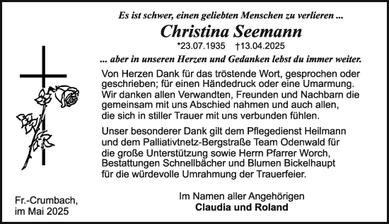 Traueranzeige von Christina Seemann von Odenwälder Echo