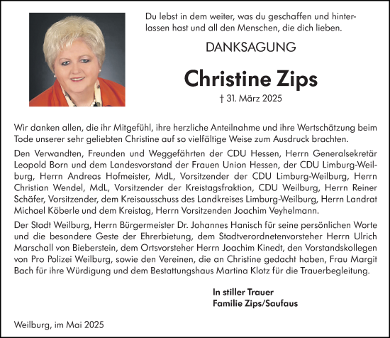 Traueranzeige von Christine Zips von Weilburger Tageblatt