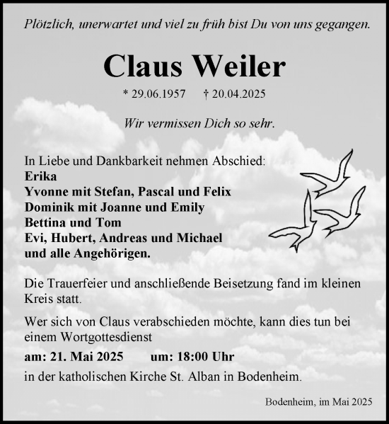 Traueranzeige von Claus Weiler von Allgemeine Zeitung Mainz