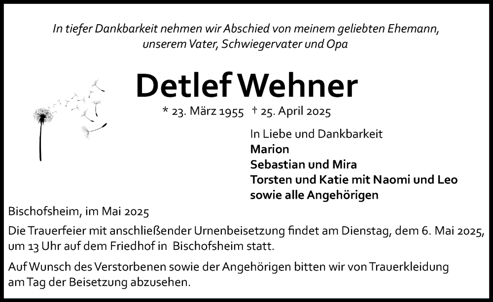  Traueranzeige für Detlef Wehner vom 03.05.2025 aus Rüsselsheimer Echo
