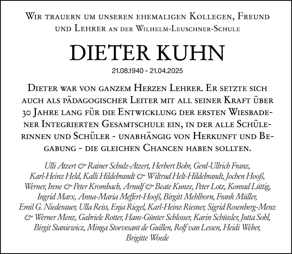  Traueranzeige für Dieter Kuhn vom 17.05.2025 aus Wiesbadener Kurier