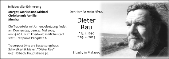 Traueranzeige von Dieter Rau von Odenwälder Echo