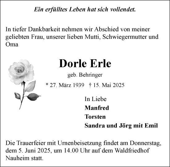 Traueranzeige von Dorle Erle von Rüsselsheimer Echo