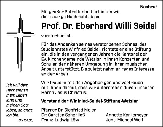 Traueranzeige von Eberhard Willi Seidel von Wetzlarer Neue Zeitung