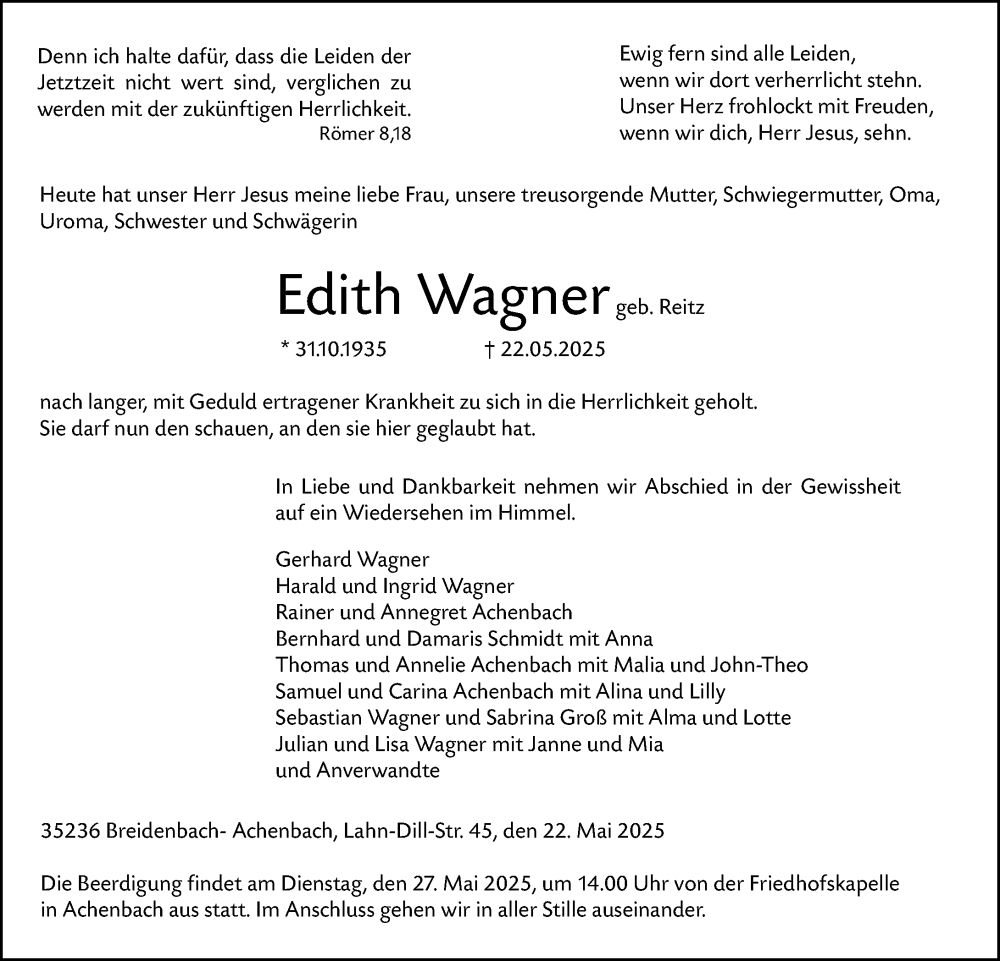  Traueranzeige für Edith Wagner vom 24.05.2025 aus Hinterländer Anzeiger