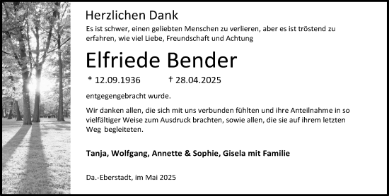 Traueranzeige von Elfriede Bender von Darmstädter Echo