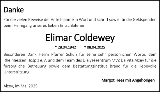 Traueranzeige von Elimar Coldewey von Allgemeine Zeitung Alzey