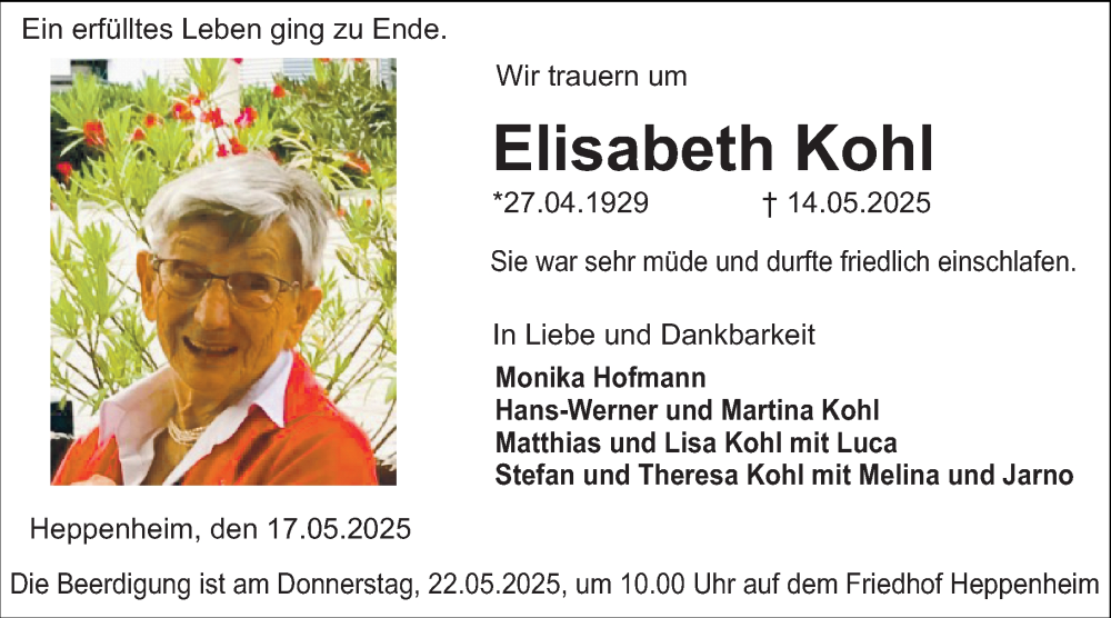  Traueranzeige für Elisabeth Kohl vom 17.05.2025 aus Starkenburger Echo