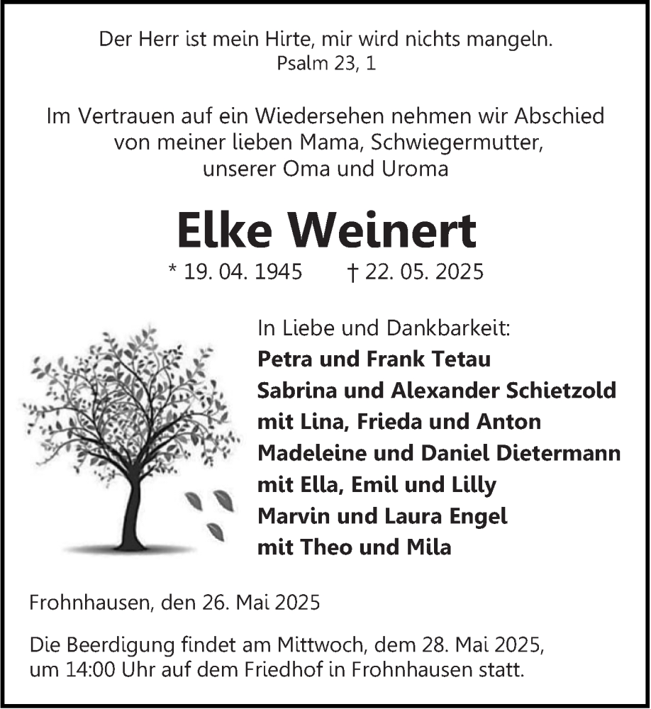  Traueranzeige für Elke Weinert vom 26.05.2025 aus Dill Block