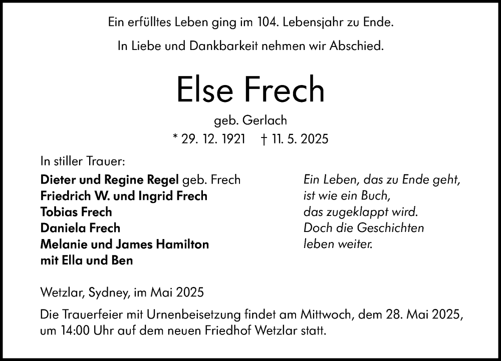  Traueranzeige für Else Frech vom 24.05.2025 aus Wetzlarer Neue Zeitung