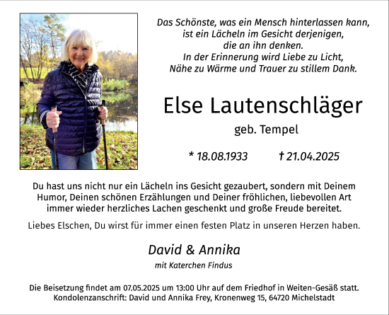 Traueranzeige von Else Lautenschläger von Odenwälder Echo