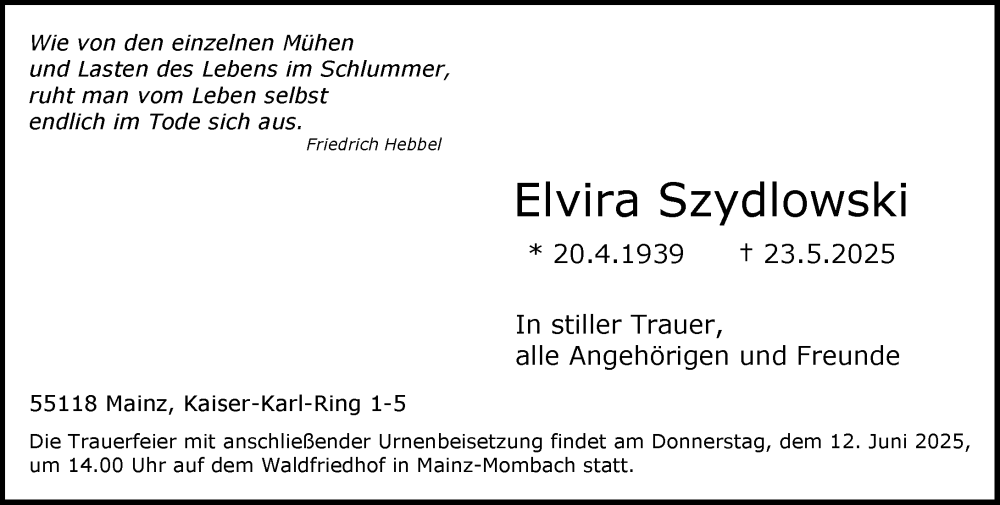  Traueranzeige für Elvira Szydlowski vom 31.05.2025 aus Wiesbadener Kurier