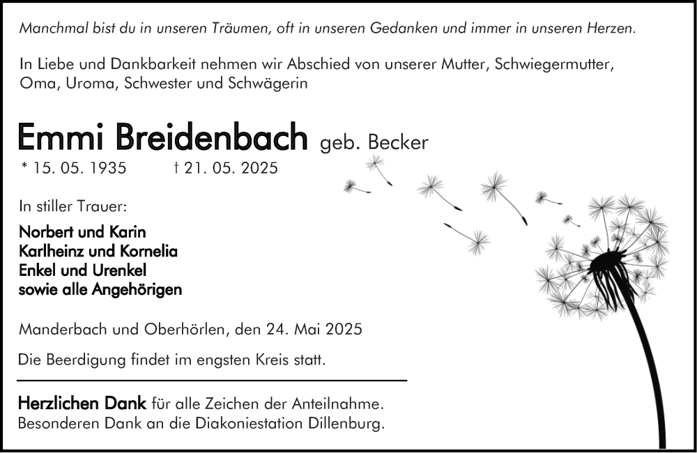  Traueranzeige für Emmi Breidenbach vom 24.05.2025 aus Dill Block