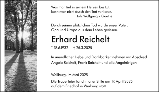 Traueranzeige von Erhard Reichelt von Weilburger Tageblatt