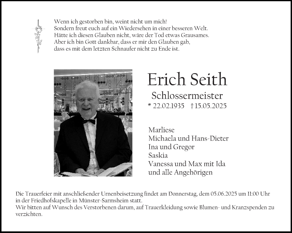  Traueranzeige für Erich Seith vom 24.05.2025 aus Allgemeine Zeitung Rheinhessen-Nahe