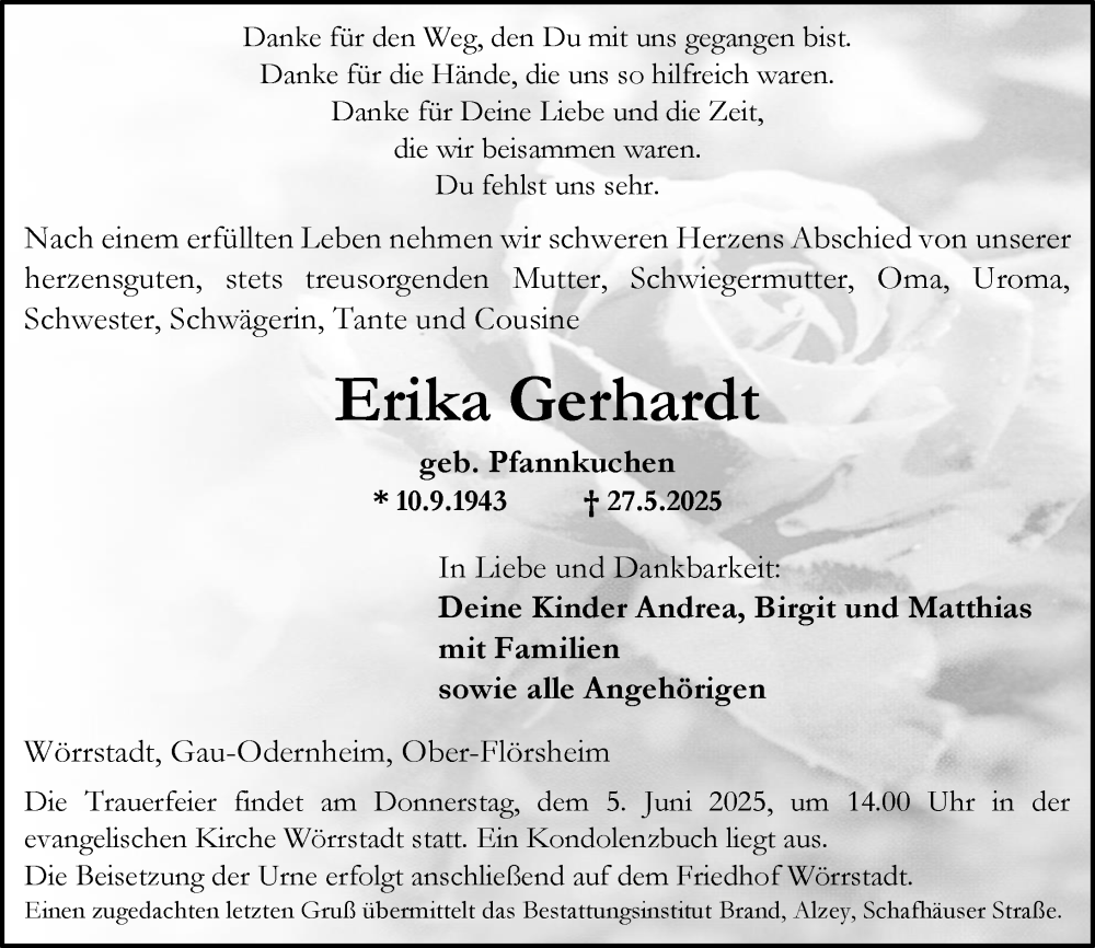  Traueranzeige für Erika Gerhardt vom 31.05.2025 aus Allgemeine Zeitung Alzey