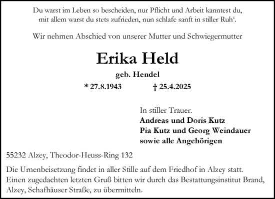 Traueranzeige von Erika Held von Allgemeine Zeitung Alzey