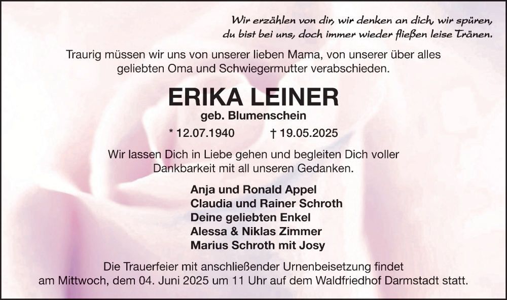  Traueranzeige für Erika Leiner vom 31.05.2025 aus Darmstädter Echo