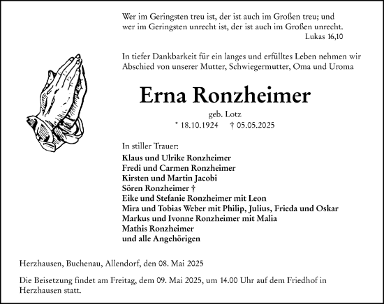 Traueranzeige von Erna Ronzheimer von Hinterländer Anzeiger