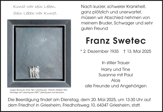 Traueranzeige von Franz Swetec von Darmstädter Echo
