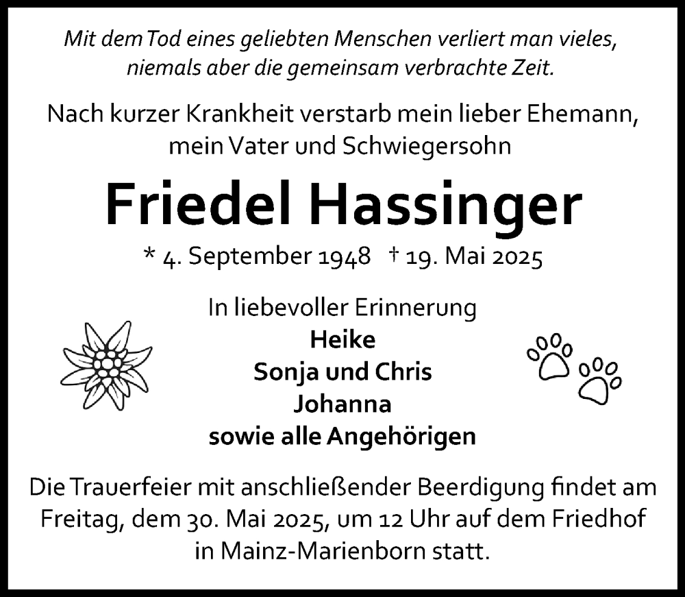  Traueranzeige für Friedel Hassinger vom 24.05.2025 aus Allgemeine Zeitung Mainz