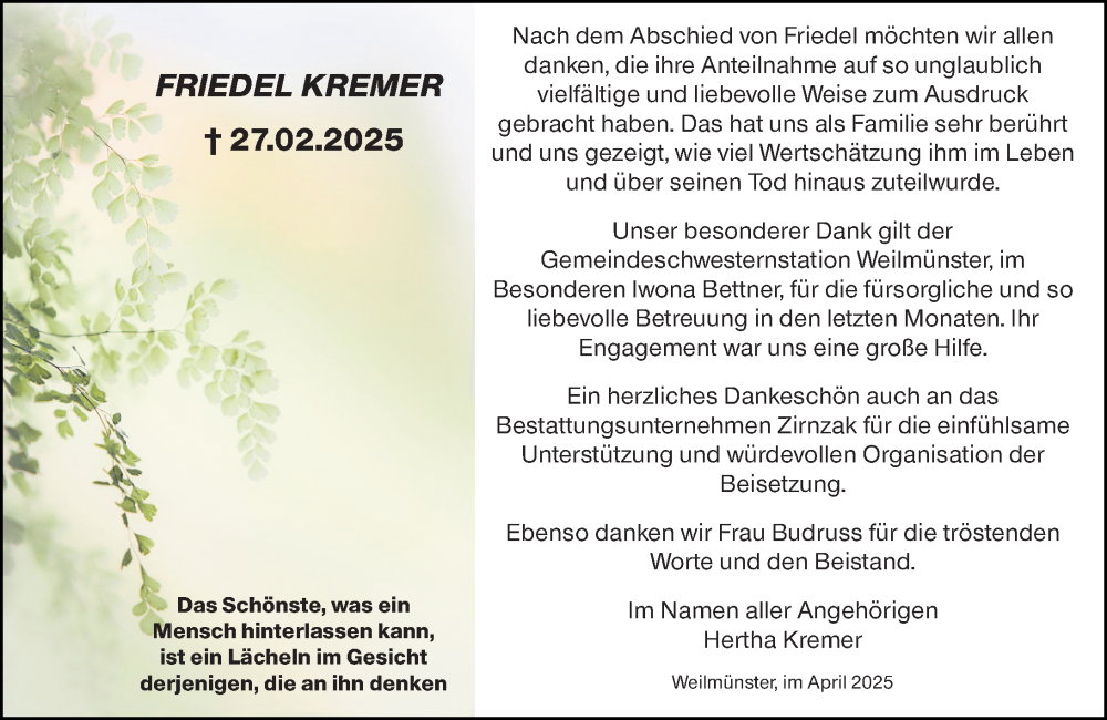  Traueranzeige für Friedel Kremer vom 03.05.2025 aus Weilburger Tageblatt