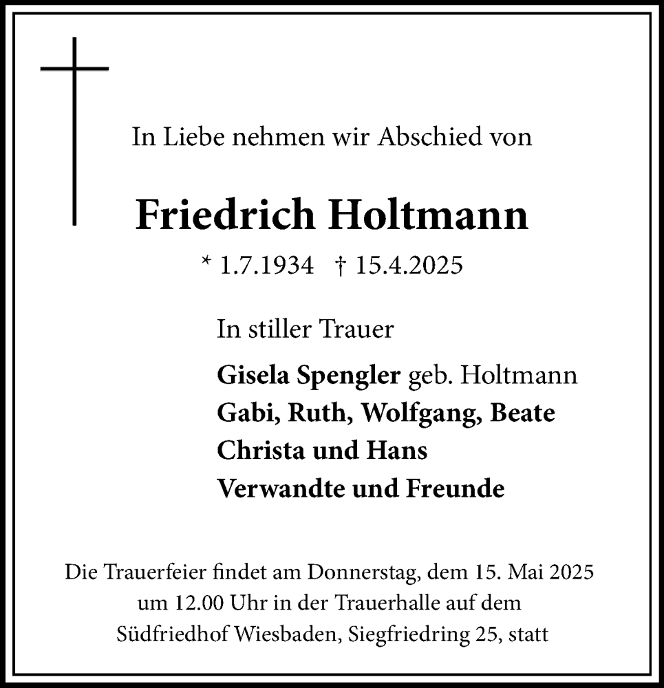  Traueranzeige für Friedrich Holtmann vom 13.05.2025 aus Wiesbadener Kurier