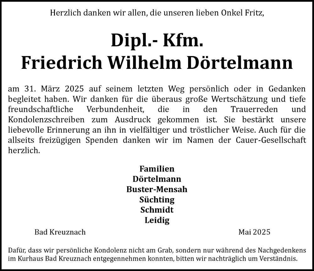  Traueranzeige für Friedrich Wilhelm Dörtelmann vom 10.05.2025 aus Allgemeine Zeitung Rheinhessen-Nahe