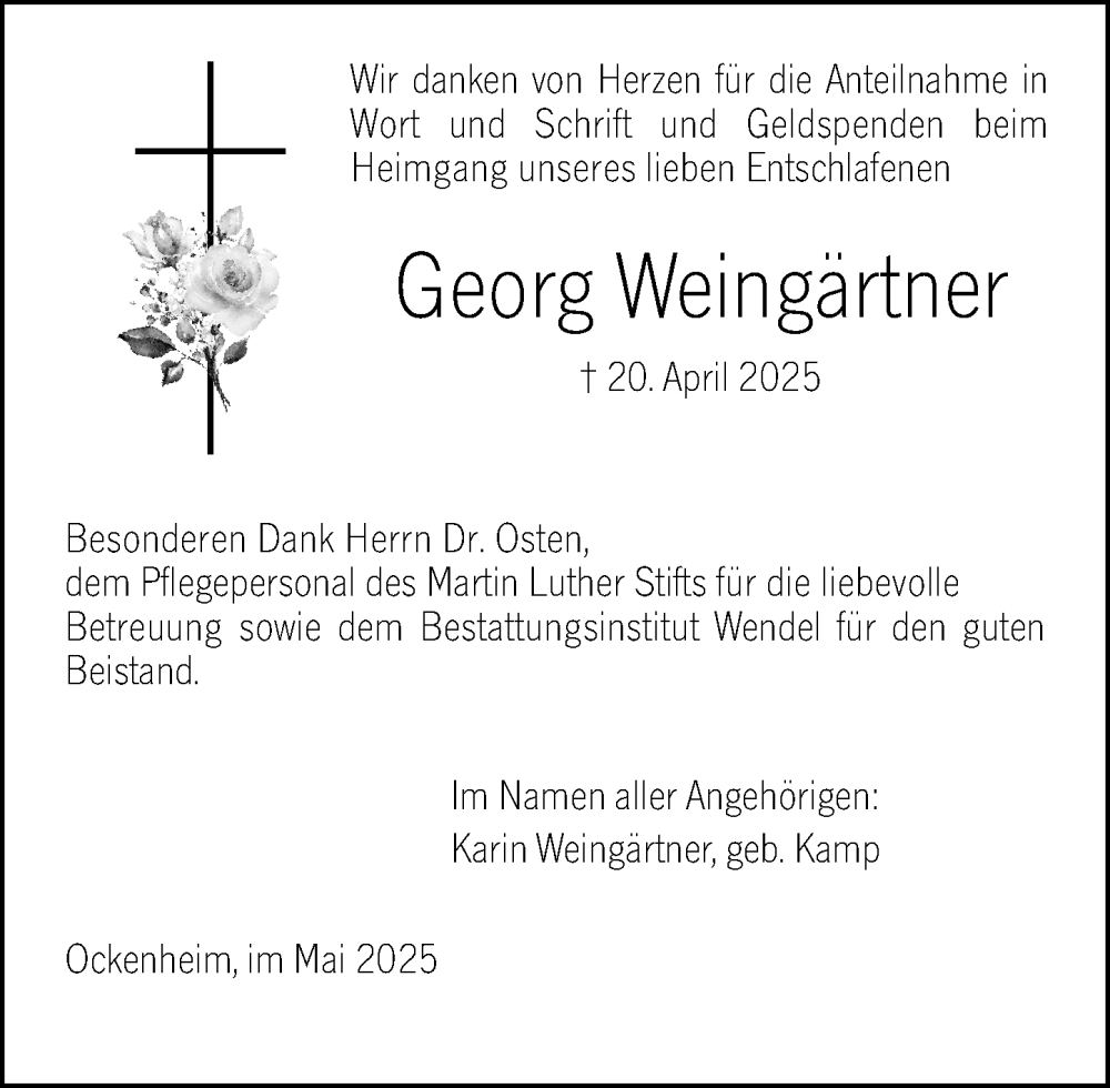  Traueranzeige für Georg Weingärtner vom 31.05.2025 aus Allgemeine Zeitung Rheinhessen-Nahe