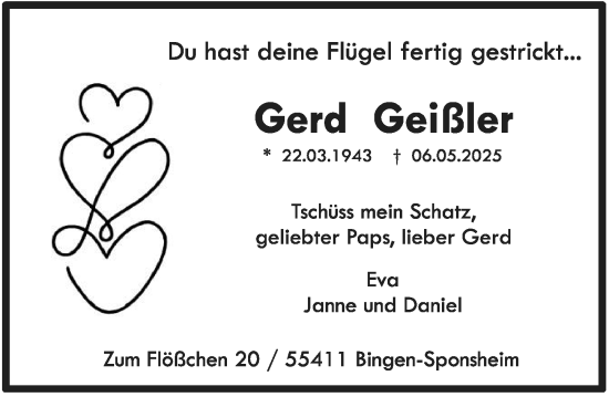 Traueranzeige von Gerd Geißler von Binger-/Ingelheimer Wochenblatt