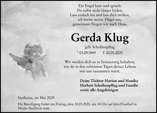 Traueranzeige von Gerda Klug von Allgemeine Zeitung Alzey