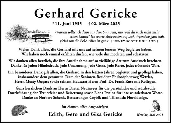 Traueranzeige von Gerhard Gericke von Wetzlarer Neue Zeitung