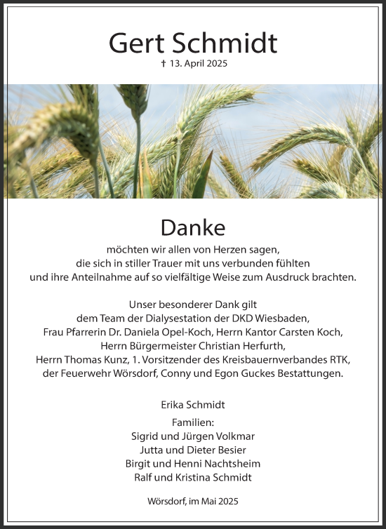 Traueranzeige von Gert Schmidt von Wiesbadener Kurier