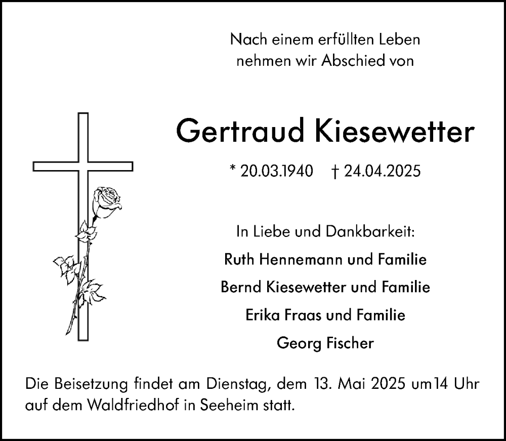  Traueranzeige für Gertraud Kiesewetter vom 03.05.2025 aus Darmstädter Echo