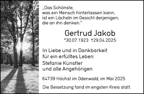 Traueranzeige von Gertrud Jakob von Odenwälder Echo