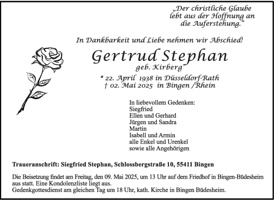 Traueranzeige von Gertrud Stephan von Binger-/Ingelheimer Wochenblatt