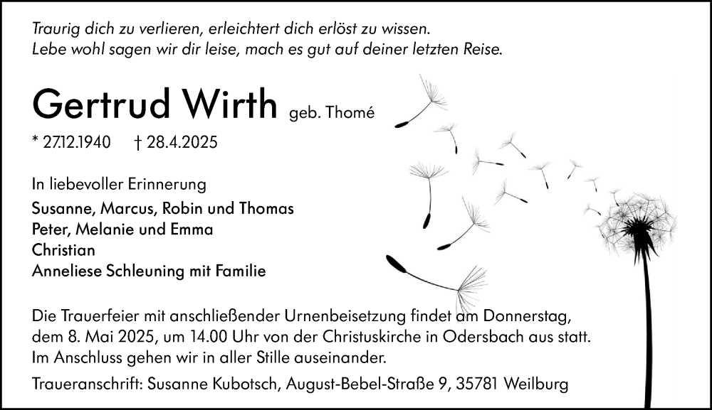  Traueranzeige für Gertrud Wirth vom 06.05.2025 aus Weilburger Tageblatt