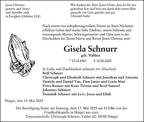 Traueranzeige von Gisela Schnurr von Dill Block