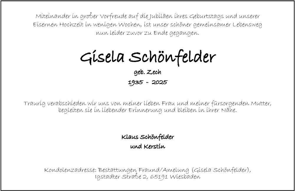  Traueranzeige für Gisela Schönfelder vom 10.05.2025 aus Wiesbadener Kurier