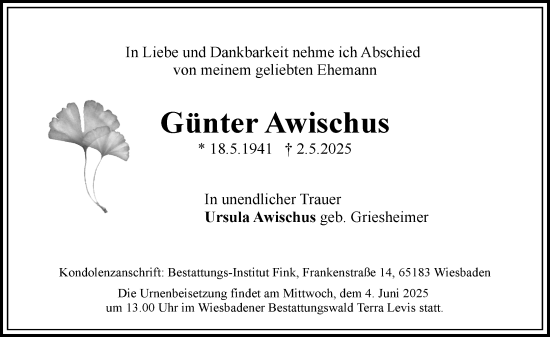 Traueranzeige von Günter Awischus von Wiesbadener Kurier