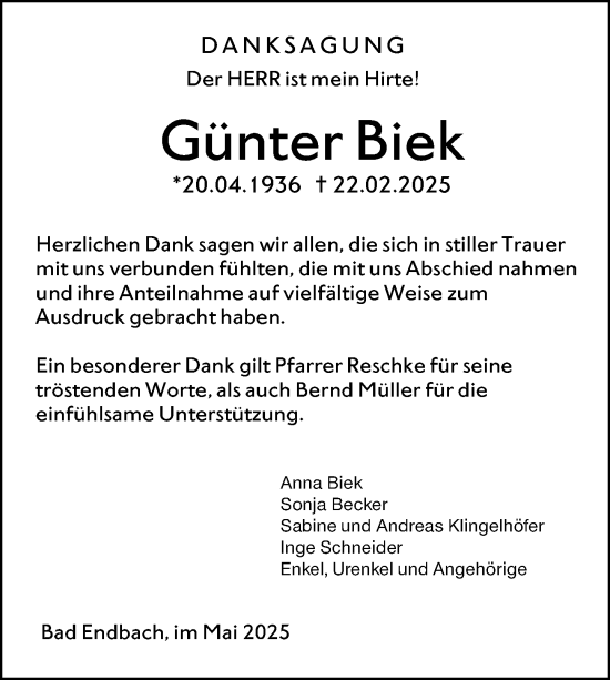 Traueranzeige von Günter Biek von Hinterländer Anzeiger