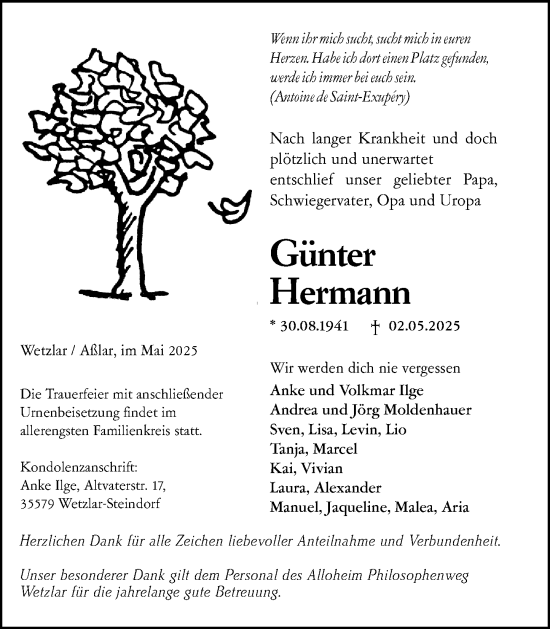 Traueranzeige von Günter Hermann von Wetzlarer Neue Zeitung