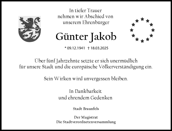 Traueranzeige von Günter Jakob von Wetzlarer Neue Zeitung