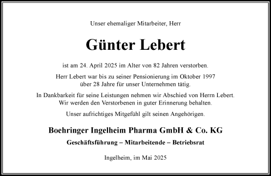 Traueranzeige von Günter Lebert von Allgemeine Zeitung Rheinhessen-Nahe