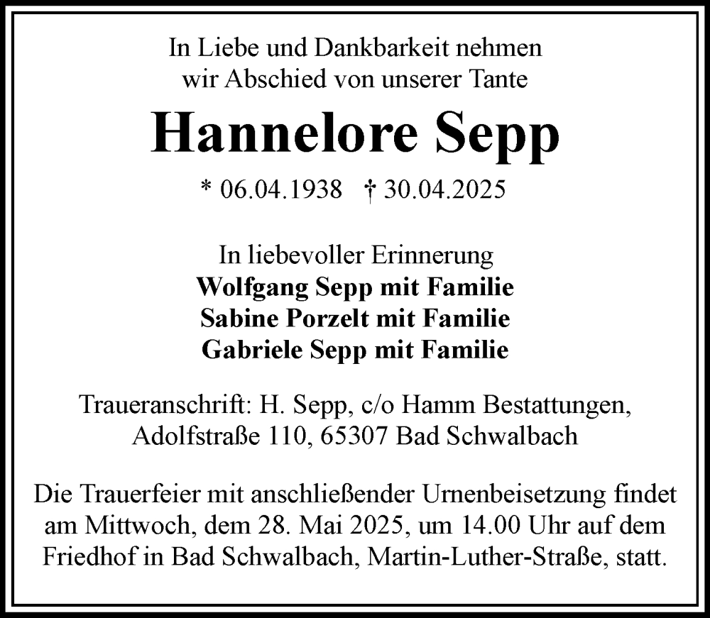  Traueranzeige für Hannelore Sepp vom 10.05.2025 aus Wiesbadener Kurier
