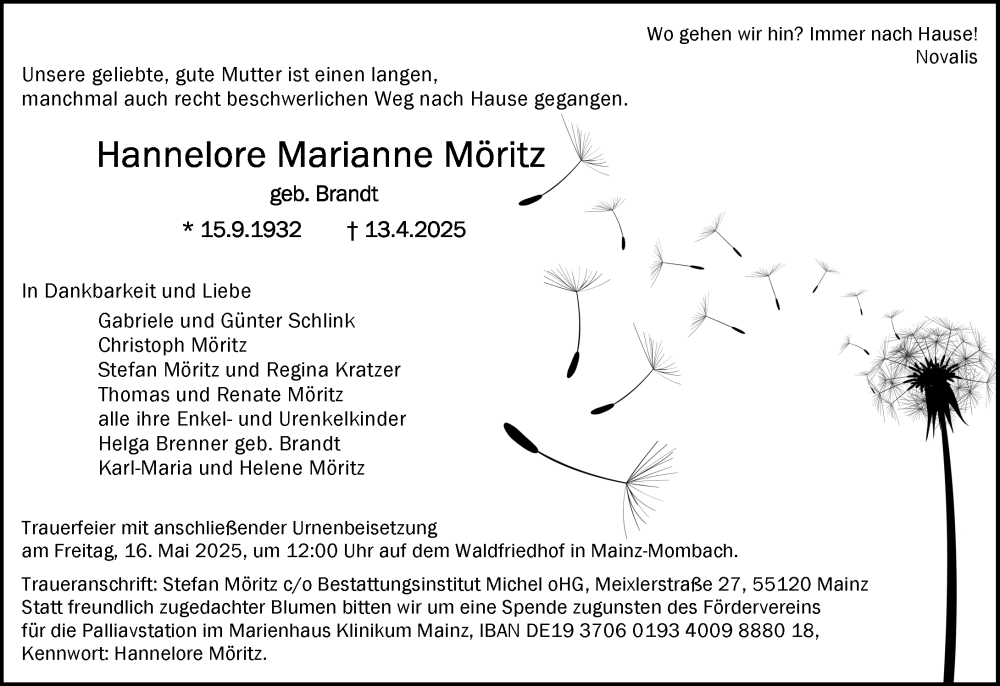  Traueranzeige für Hannelore Marianne Möritz vom 10.05.2025 aus Allgemeine Zeitung Mainz