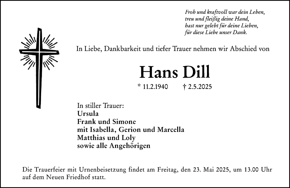 Traueranzeige für Hans Dill vom 09.05.2025 aus Hochheimer Zeitung