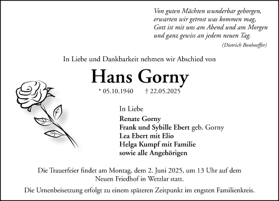 Traueranzeige von Hans Gorny von Wetzlarer Neue Zeitung